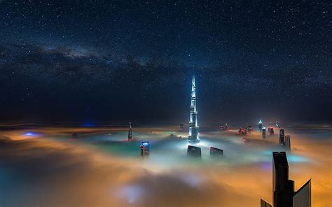 Hd Wallpaper Cityscape Dubai Skyscraper Night Lights Mist United