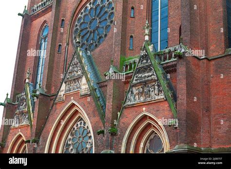 Neo Gothic Catholic Church Made By Red Bricks Facade Details Of St