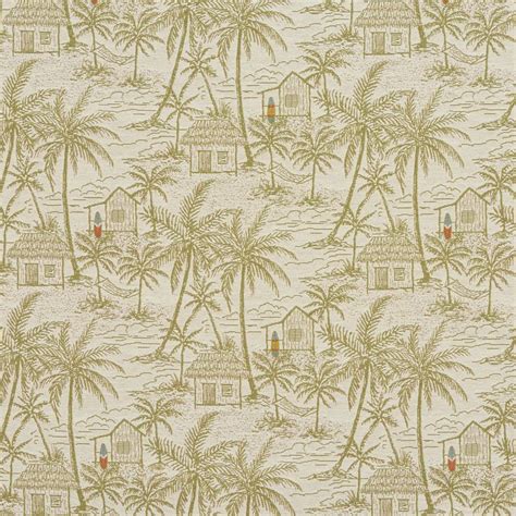 Light Green On White Tropical Beach Island With Hut Palm Tree Damask