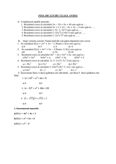 Zece Ani Rămășițe Melodramatic Fise De Lucru Matematica Clasa 6 Algebra