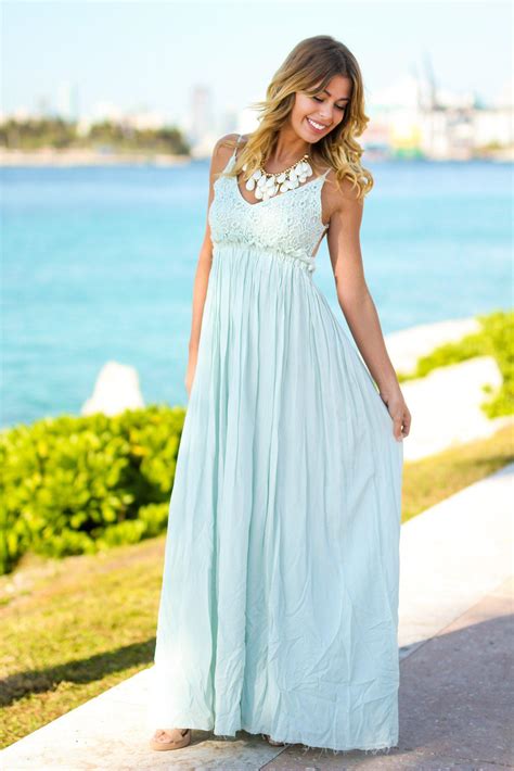 Seafoam Lace Maxi Dress With Open Back And Frayed Hem Maxi Dresses