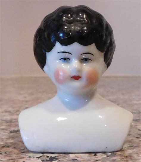 Antique Germany Small Glazed China Doll Head Black Hair Low Brow 2