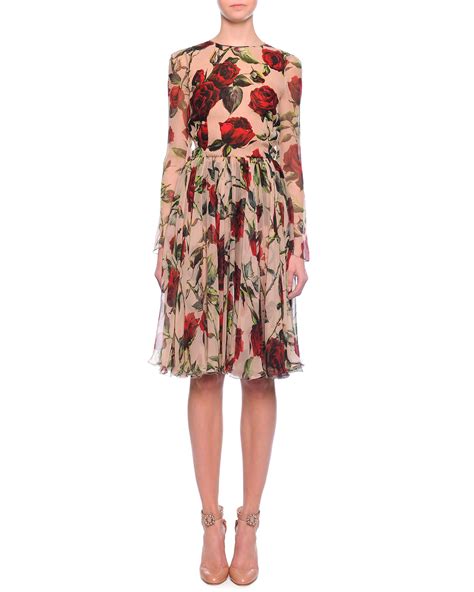 Dolce And Gabbana Pleated Rose Print Chiffon Dress