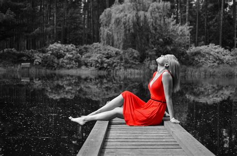 Wallpaper Women Outdoors Model Closed Eyes Water Sitting Selective Coloring Red Dress
