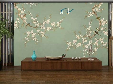 Chinoiserie Mural Hand Painted Plum Blossom Tree Wallpaper