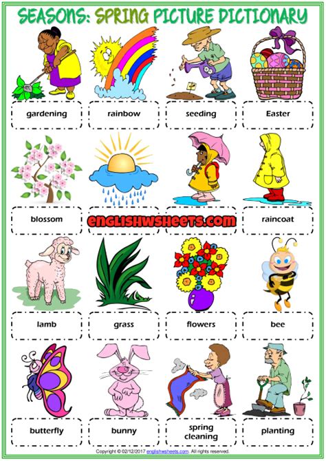 Seasons Vocabulary Esl Picture Dictionary Worksheets