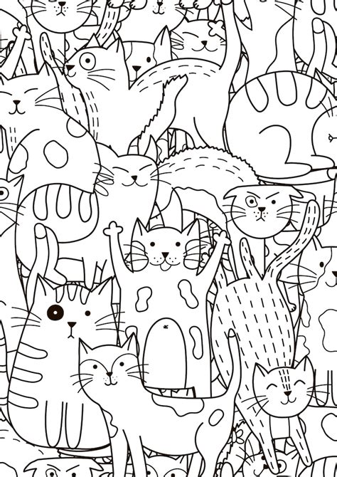 Coloring Page With Doodle Cats Printable Coloring Page For Etsy