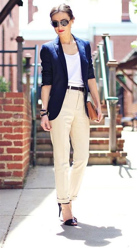 Women S Fashion Wearing A Navy Blue Classic Blazer Beige Pants Blue