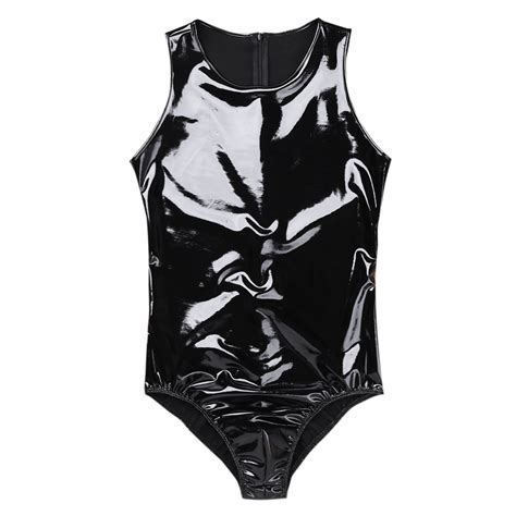 mens lingerie latex leotard bodysuit gymnastics leather leotard sex costume zipper glossy