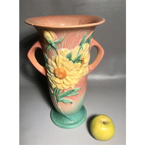 Antique 1940s Roseville Pottery Vase Wpeony Flowers And Handles Chairish