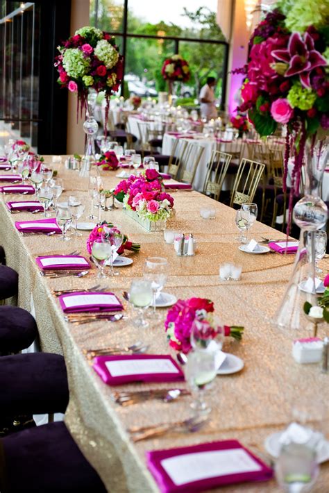 Sparkly Gold Reception Table With Pink And Green Centerpieces And Pink