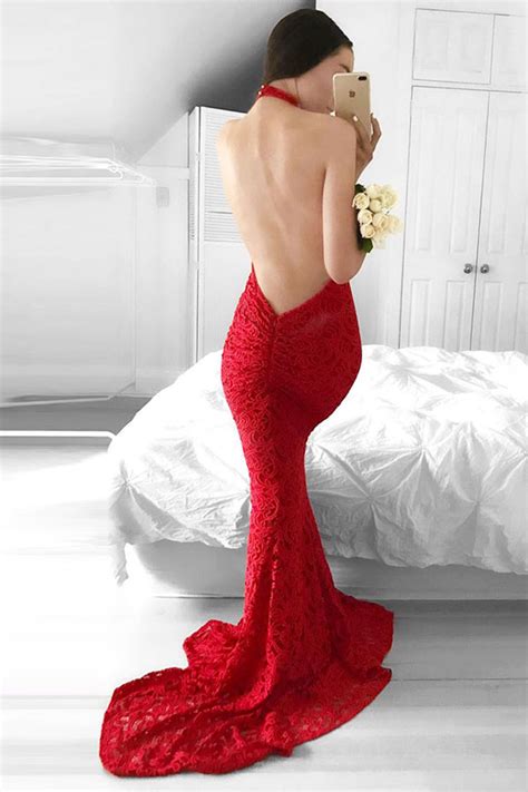 Mermaid Red Lace Halter Backless Sweep Train Prom Dress