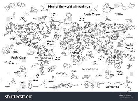 Coloring Book Map Of The World Ð¡artoon Globe With Animals Black And