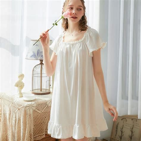 Cotton Nightgown Women Short Sleeve White Dress Lace Women Etsy