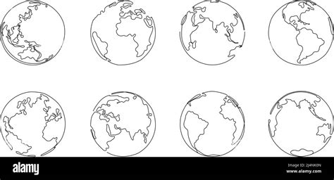 One Line Globe Planet Earth Global Map Sketch And Hand Drawn World