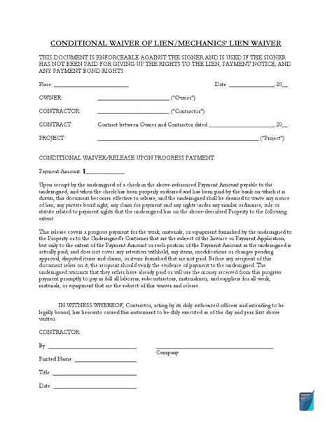 Free Conditional Lien Release Form Waiver Template