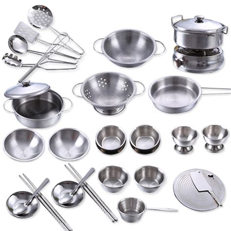 Surwish 32pcs Stainless Steel Kids House Kitchen Toy Cooking Cookware