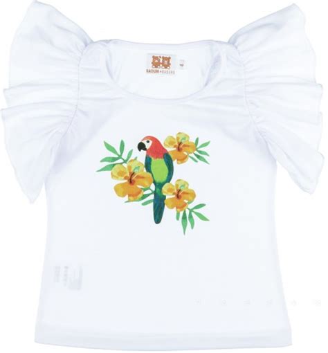 Ropa infantil y zapatos para bebés y niños de 0 a 16 años. Badum Badero Camiseta Niña Manga Mariposa Blanca & Loros | Missbaby