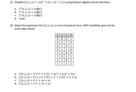 Solved 21 Simplify F X Y Z Xyz Y Z X Yz Using