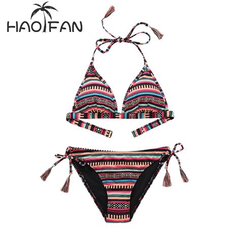 Haofan 2018 Women Bikinis High Neck Push Up Bikini Set Geometry