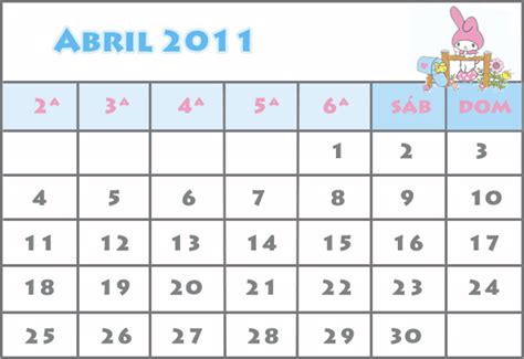 Calendario Abril 2011 para Imprimir - My melody - Calendários para Imprimir