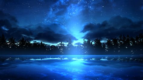 Trees Forest Blue Starry Sky Reflection River Anime Nature Hd Anime
