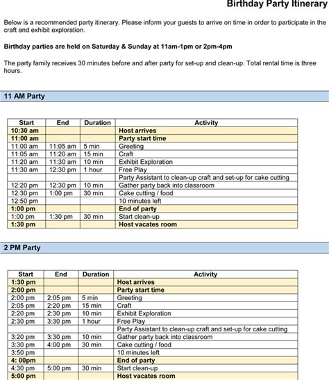 party itinerary templates samples  word excel