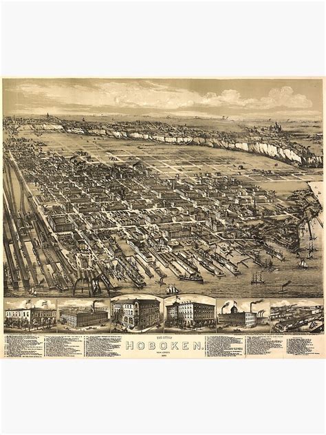 Vintage Pictorial Map Of Hoboken Nj 1881 Poster For Sale By