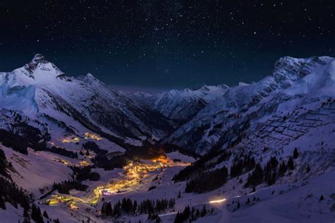 Light Mountain Night Snow Town Valley Winter Wallpaper 2048x1365