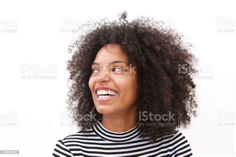 Close Up Happy African American Woman Smiling Against White Background