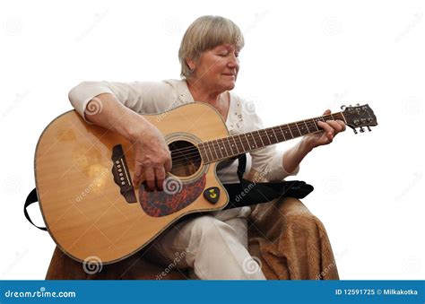 Mature Woman Playing Acoustic Guitar Stock Image Image Of Gray