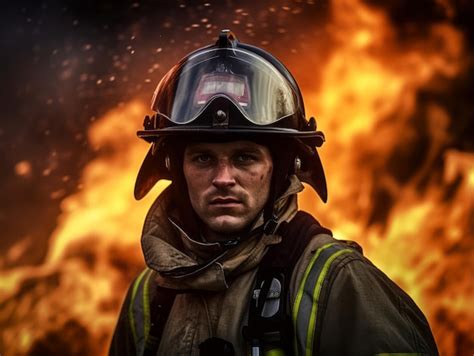 Premium Ai Image Courageous Male Firefighter Fearlessly Confronts The Blazing Inferno