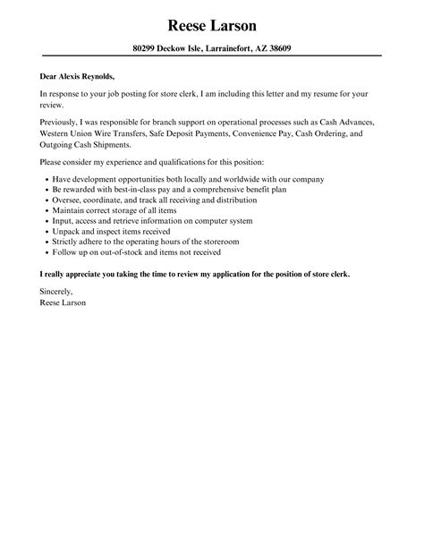 Store Clerk Cover Letter Velvet Jobs