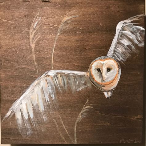 Flying Barn Owl Acrylic Abstract Painting On Wood Owl Painting