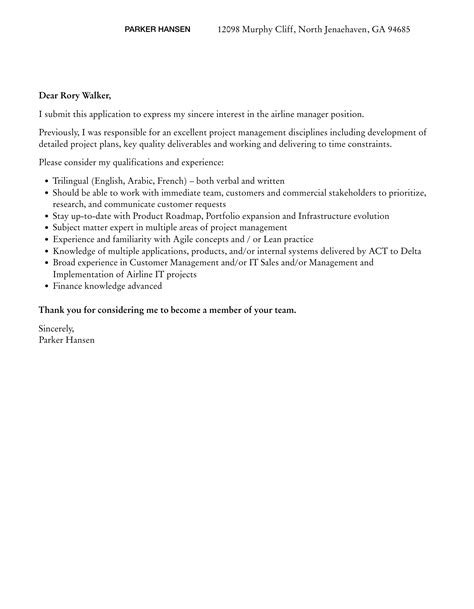 Airline Manager Cover Letter Velvet Jobs