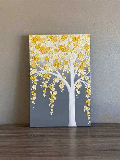 Yellow And Gray Textured Tree Original Acrylic Painting On Canvas