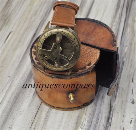 Antique Steampunk Brass Leather Wrist Sundial Compass Watch With