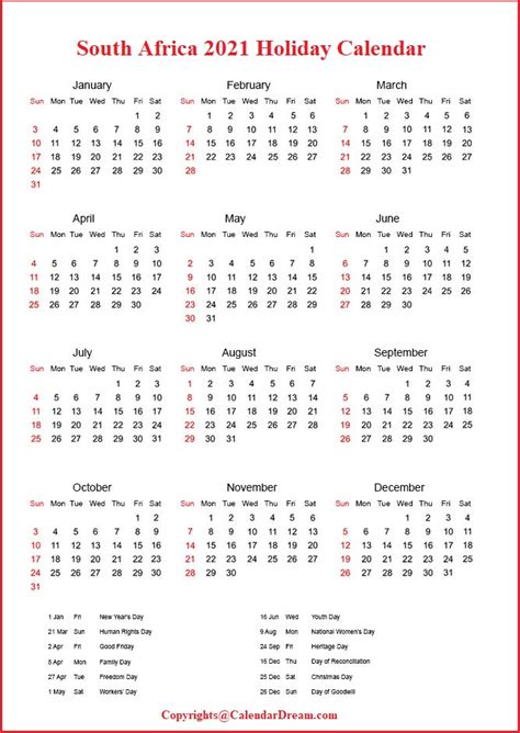 Free Printable South Africa 2021 Calendar With Holidays Pdf