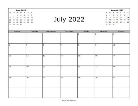 July 2022 Calendar Free Printable