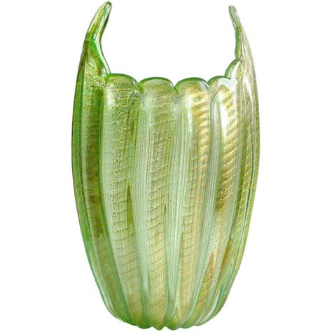Ercole Barovier Murano Gold Flecks Green Scalloped Rim Italian Art Glass Vase At 1stdibs