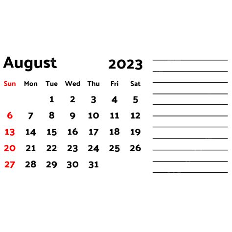August Calendar Vector Png Images 2023 Calendar August With Note 2023