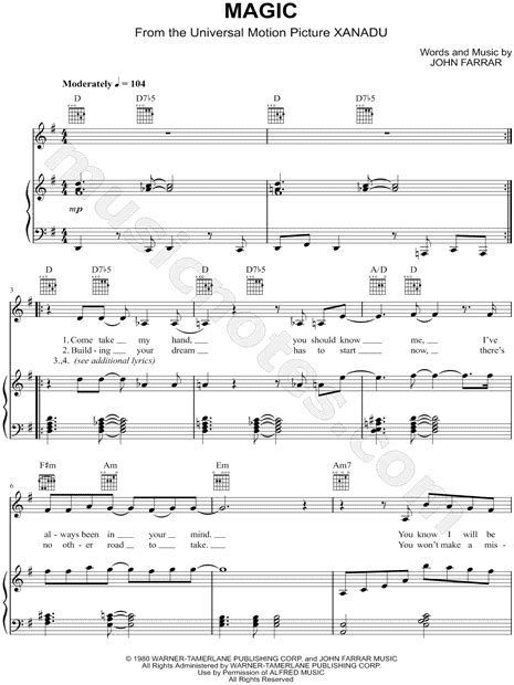 All audio material is presented solely for information. Olivia Newton-John "Magic" Sheet Music in G Major - Download & Print - SKU: MN0206456
