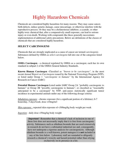 Highly Hazardous Chemicals Pdf Carcinogen Toxicity