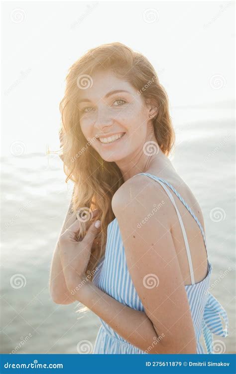 Holiday Beach Summer Portrait Woman By The Sea Walk Stock Image Image