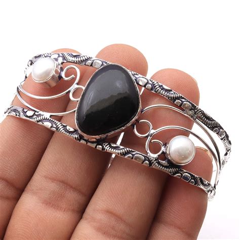 Natural Black Onyx Pearl Adjustable Cuff Bracelet Ethnic Etsy