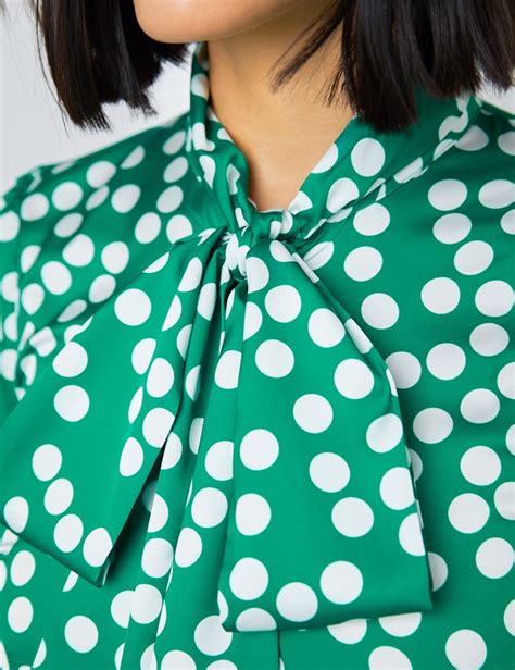 Satin Womens Fitted Shirt With Spots Print And Pussy Bow In Green And Whites Hawes And Curtis Uk