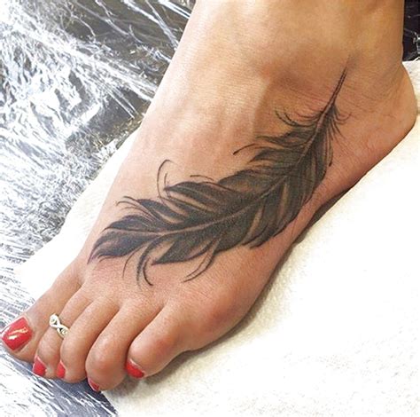 Black Feather Foot Tattoo Ideas at MyBodiArt.com #CreativeTattoos Click