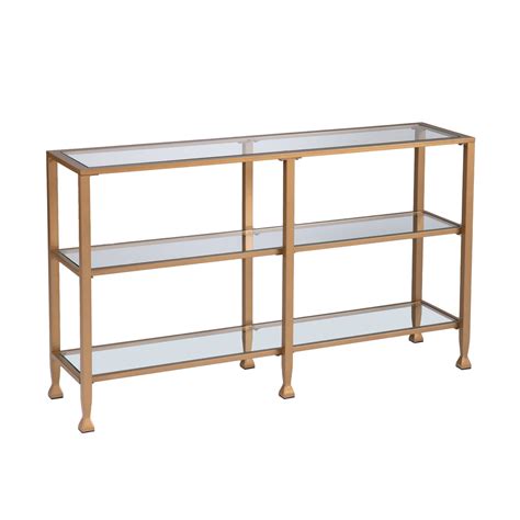 Jaymes Narrow Metal Console Table W Glass Shelves Gold English Elm