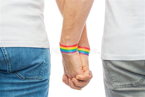 Male Couple With Gay Pride Rainbow Wristbands Stock Image Image Of Couple Back 114221365