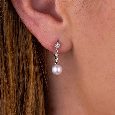 9ct White Gold Pearl Diamond Drop Earrings Buy Online Free And